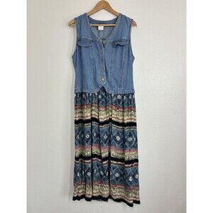 Vintage Nina Piccalino Dress  8 Blue Denim Striped Skirt Boho Midi USA Phoebe